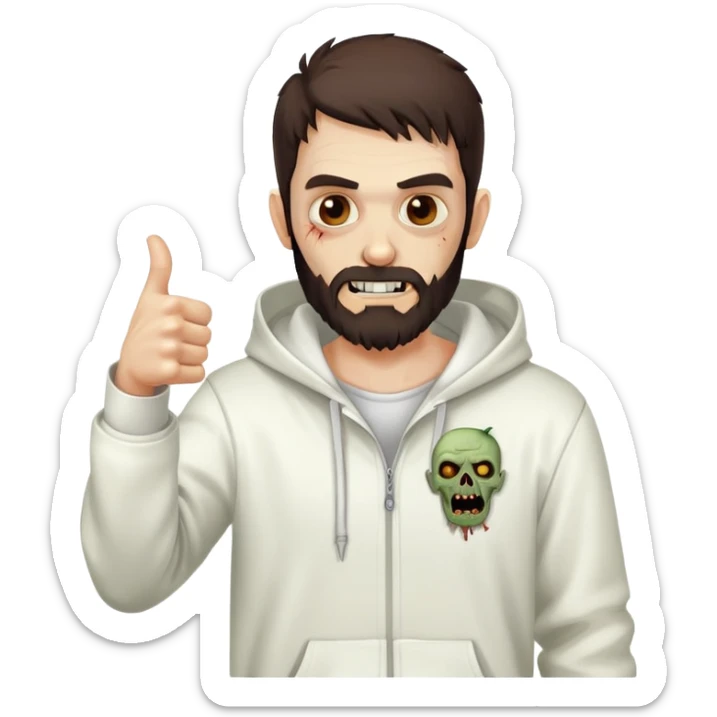 zombie with thumbs up gesture wearing white hoodie, with dark brown hair and short full beard sticker