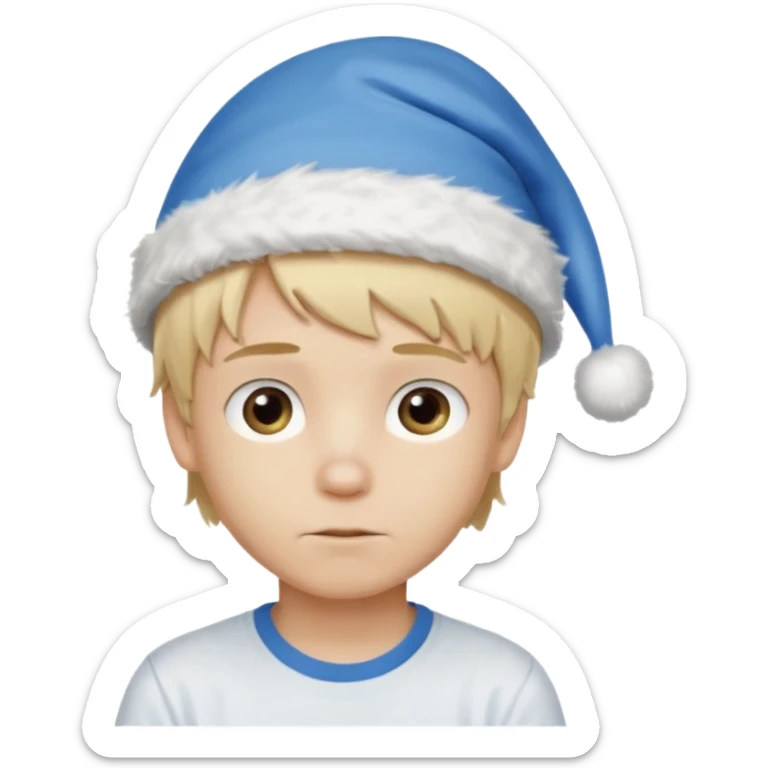 create boy blonde hair long messy, light eyes, white t shirt, rich, long hair, eyes blue, acessory head cristimas blue hat, fluffy hair medium long hair sticker