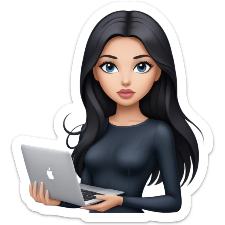 Glamours, tanned, very beautiful girl, with big pump peach-beige-rose lips, black straight smooth silky long hair, straight parting, blue-grey eyes, in black bodysuit holding MacBook sticker