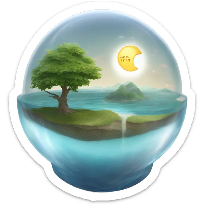 water and land like inside a semi-circular glass dome with the sun and moon at the top sticker
