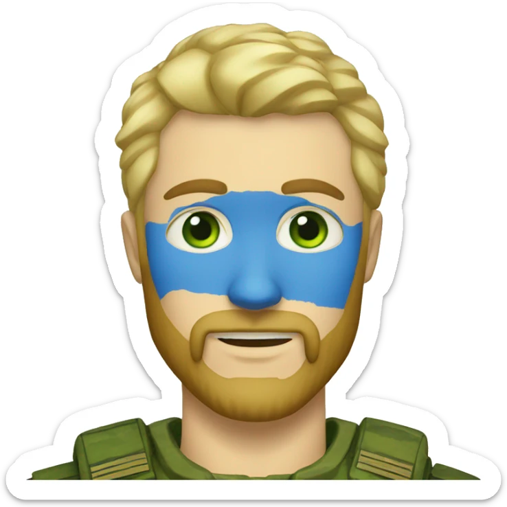 ukrainian military blonde man with a beard with green eyes with blue viking paint on the face  sticker