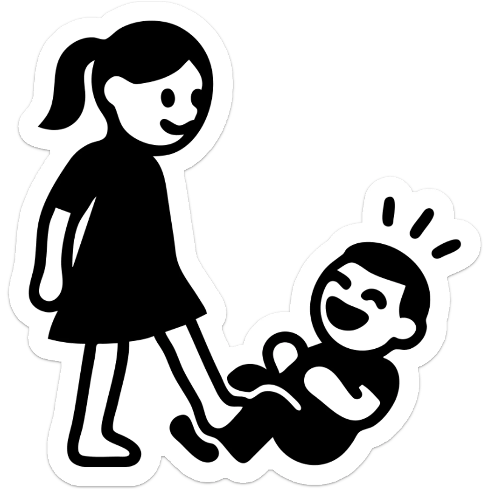 A girl smiling and standing near a little boy, he is on the floor laughing, she wiggling her toes between his thighs tickling him sticker