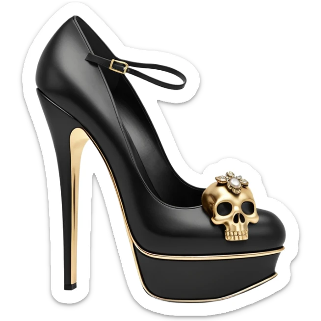 Alexander McQueen brand, high heel platforms, skull detail Luxury embellishments. 8k, 5000x5000px, 3D rendering, realistic, isolated still life, no emoji faces no emoji icons no human figures  sticker