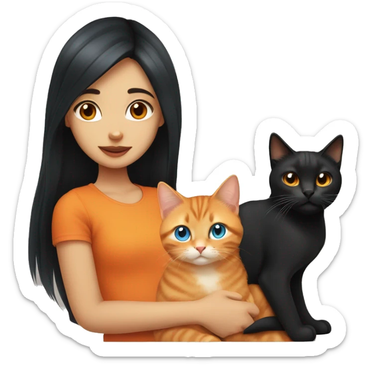 blue eyed girl with long black hair holding one chubby orange tabby cat sticker