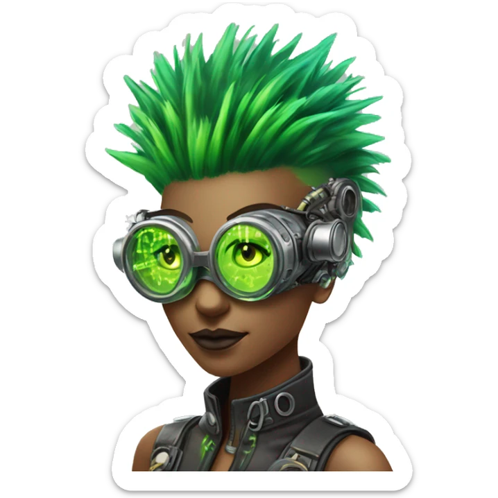Neon green Mohawk hair female cyborg head with silver steampunk goggles and circuits sticker