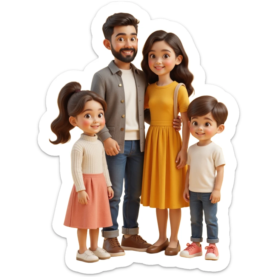 classic family photo with parents and two children standing together, realistic textures, soft lighting, skeuomorphism style sticker