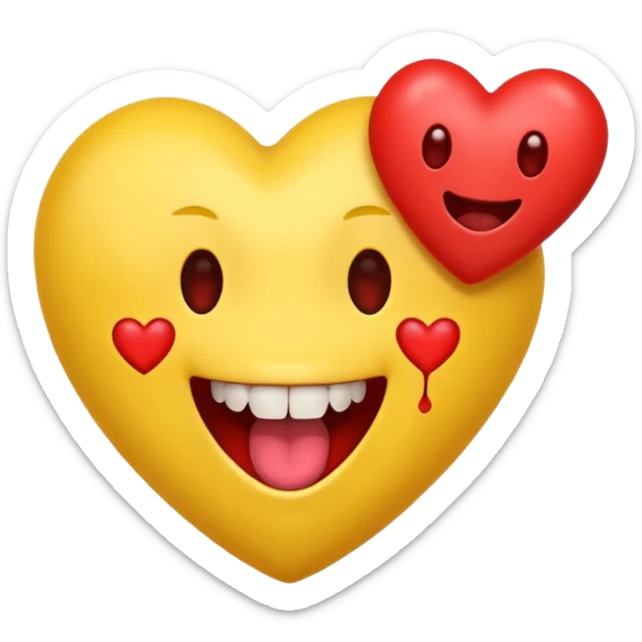 yellow emoji face holding a heart and hes so happy with so happy with teeth and tongue and toes growing out of the top of its head. his eyes have been plucked out and are now eyeless sockets sticker