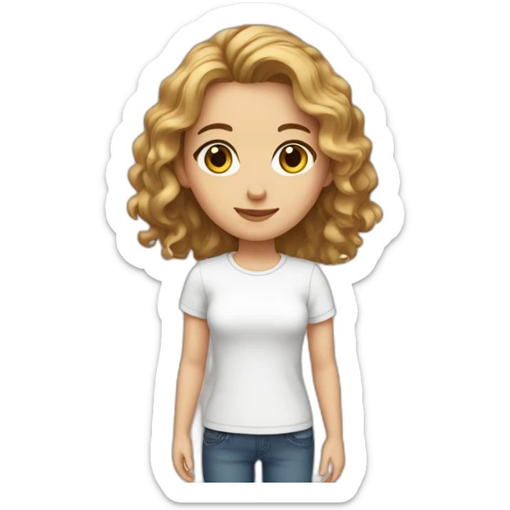 white girl with wavy hair and brown eyes and wears white tshirt sticker