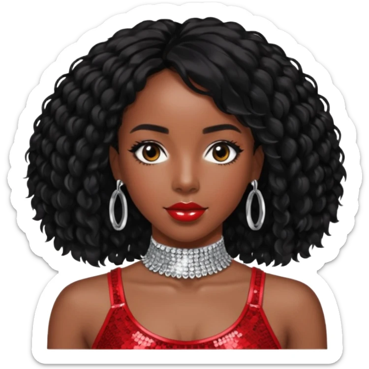 Kelly Rowland with black hair, red sequin crop top and neck bracelet sticker