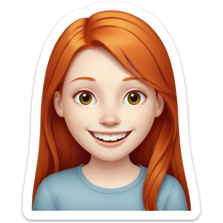 traditional emoji of young girl with very pale skin, long straight bright ginger red hair, regular human eyes (not cat-like), wide nose, big smile with extremely large prominent teeth showing, classic round face sticker