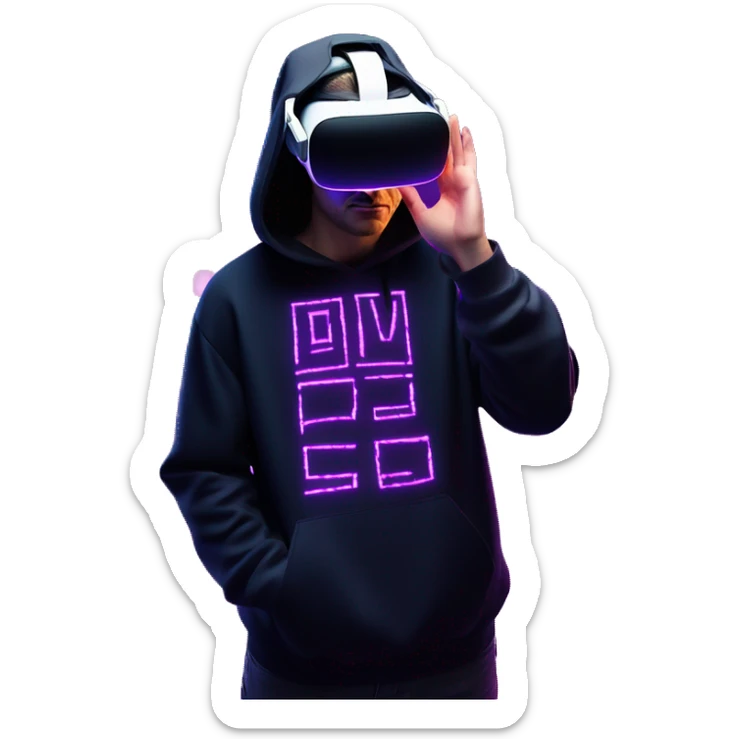 Russian man wearing a black hoodie with "OMG" letters on it and VR headset oculus quest 2 in a cyberpunk VR environment with violet neon lighting. Showing direction with hand sticker