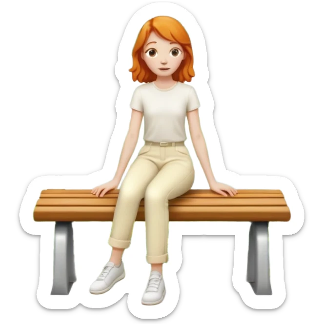 Scenic summer trees ginger girl sitting on bench wearing cream pants sticker