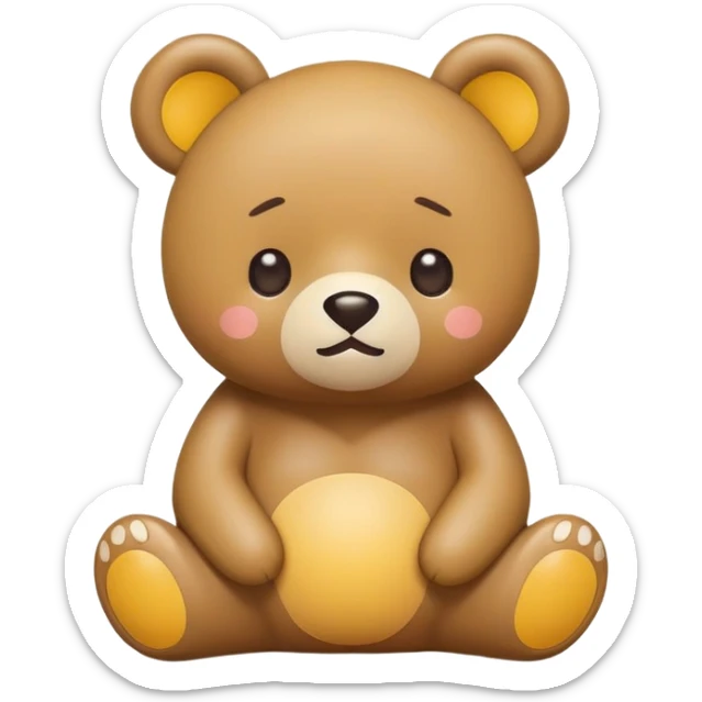 A cute, minimalist emoji of a cartoon bear inspired by Rilakkuma. The bear is sitting or slightly leaning, with a calm, relaxed expression. It has round ears with yellow inner parts, a white belly patch, small dot eyes, and a tiny "x"-shaped mouth. Kawaii Japanese mascot style sticker