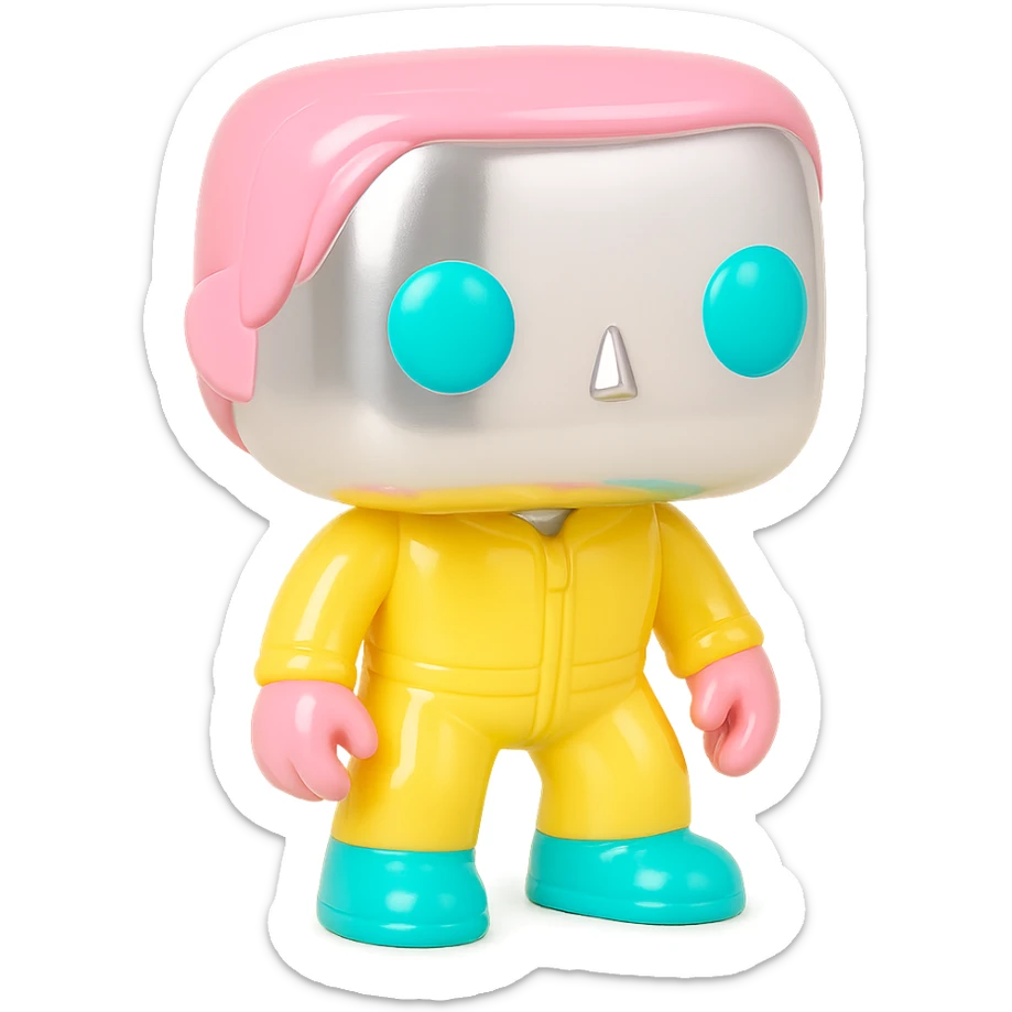 Add bright, fun, and saturated colors to the eyes, hair, and clothing of the Funko Pop figures, while keeping their skin and main finish chrome and shiny. The chrome effect should be clear and reflective, with the new colors applied only on the details to create a playful contrast. sticker