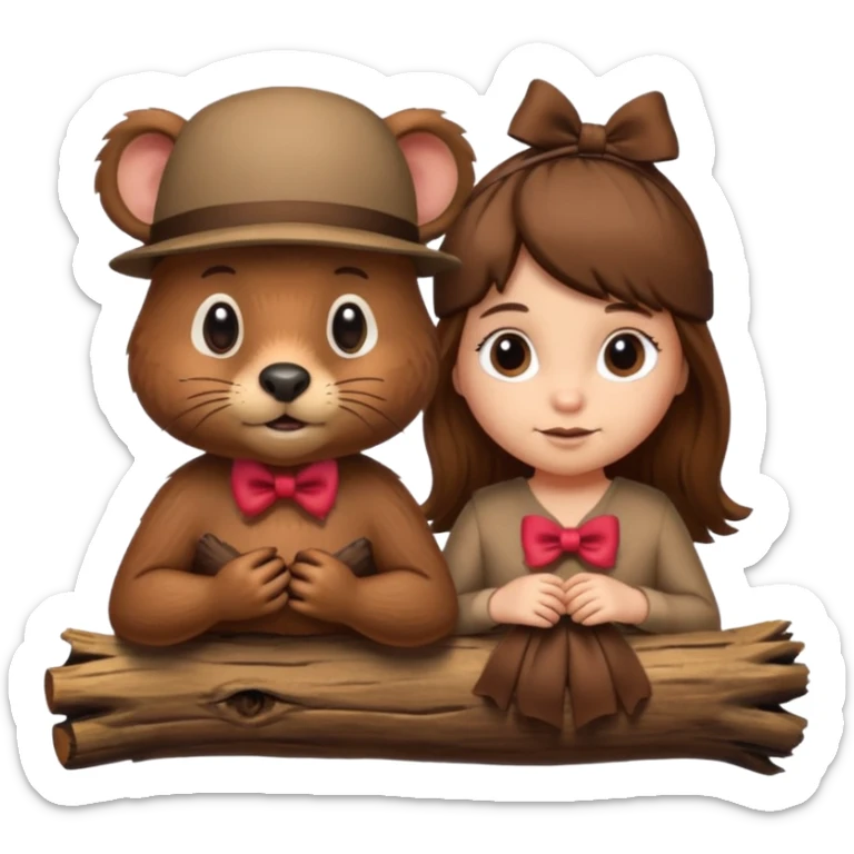 a girl beaver and a boy beaver on a log. give the girl eyelashes and a bow on top of her head sticker
