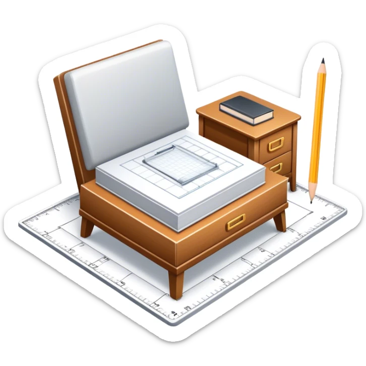 Icon for Furniture Design: a furniture drawing with 3D models of furniture pieces placed on top, accompanied by rulers and a pencil. The icon should represent the design process with focus on precision and modeling. Transparent background. sticker