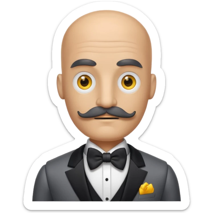Gray robot with thick moustache, no hair, yellow eyes without pupils, wearing a tuxedo, buff sticker