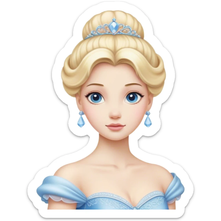 Cinematic Realistic Cinderella Portrait, depicted with lifelike porcelain skin, elegantly styled blonde hair, and a serene, graceful expression. Dressed in her classic ball gown with intricately detailed fabric textures and delicate pastel hues that catch soft, natural lighting, this portrait captures the timeless beauty of a fairy tale princess. sticker