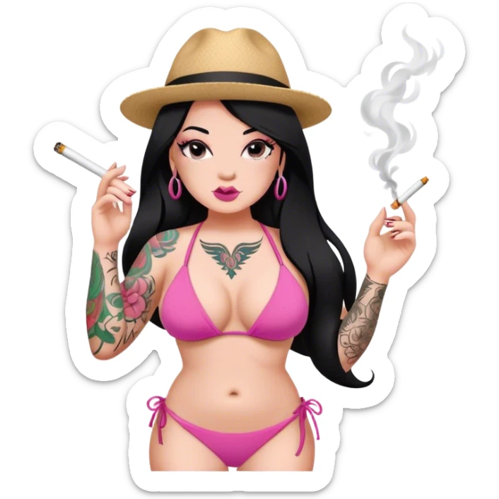 caucasian curvy girl, with tattoos, in pink bikini, smoking, with a long straight black hair  sticker