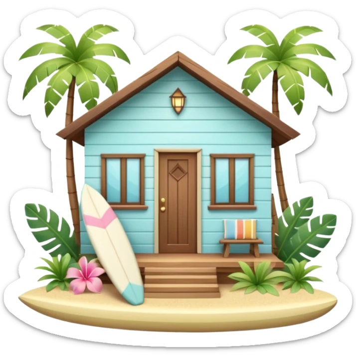 Hawaiian bungalow house, pastel colors, wooden porch, surfboard leaning on wall, palm leaves, tropical vibe, cute mobile game icon style, 3D cartoon, clean background, no text
 sticker