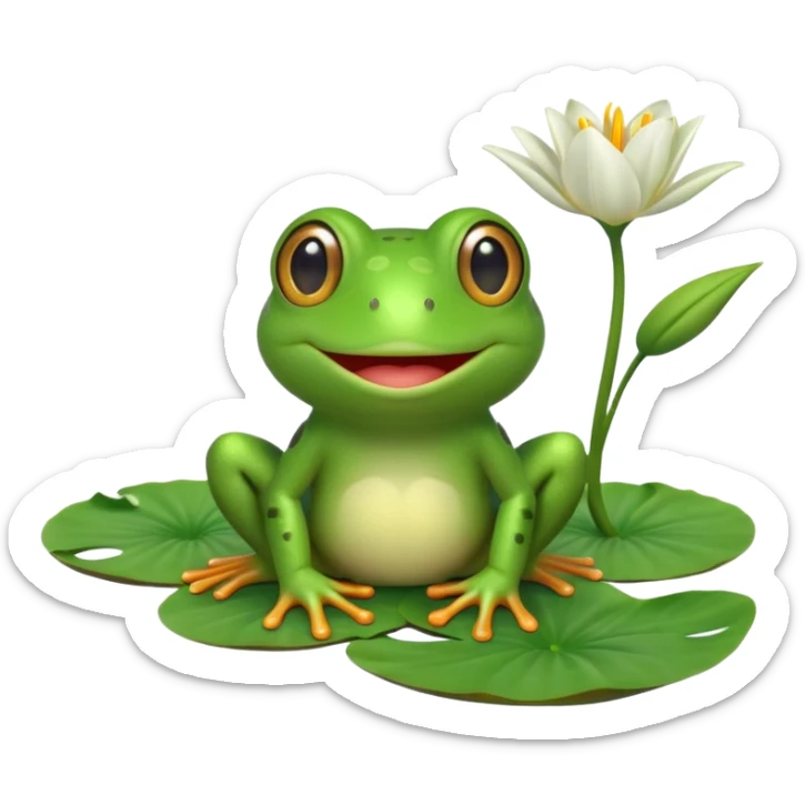 A cute 3D cartoon frog sitting on a lily pad, bright green skin, big friendly eyes, smiling face, soft natural lighting, Memoji-style rendering. sticker