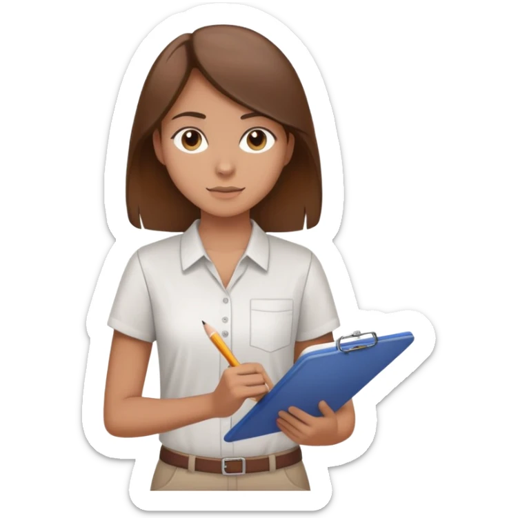 Intern or volunteer with brown hair holding a clipboard and pencil, ready to take notes or assist. The character wears a simple shirt and has an eager posture sticker