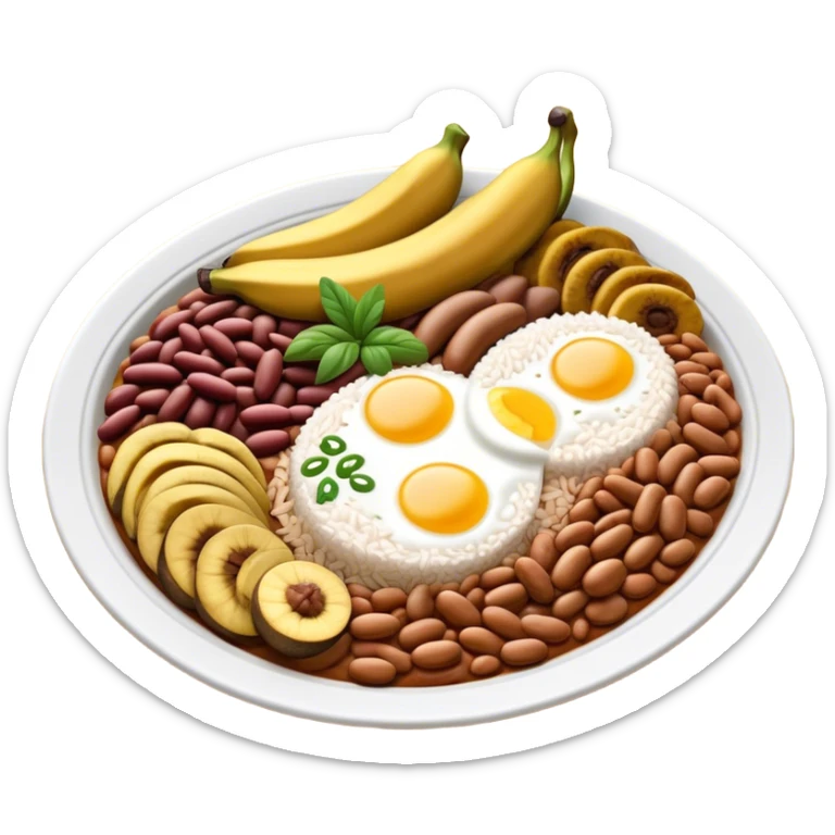 Cinematic Realistic Bandeja Paisa Dish Emoji, depicted as a hearty platter featuring beans, rice, meat, and plantains rendered with detailed textures and vibrant, robust lighting. sticker