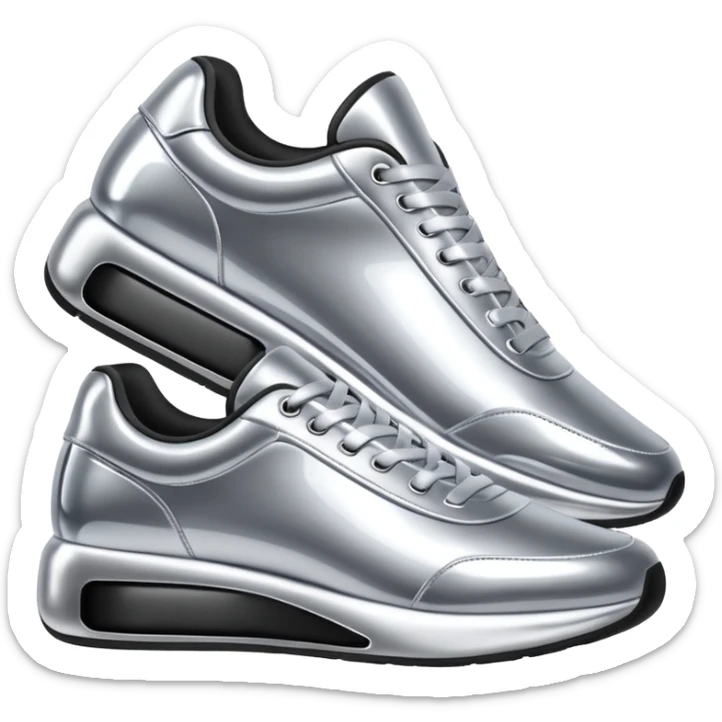 A pair of futuristic sneakers emoji made of silver chrome, sleek streetwear design, smooth metallic panels, subtle reflections, luxury swag aesthetic, iOS emoji style, centered, clean white background sticker
