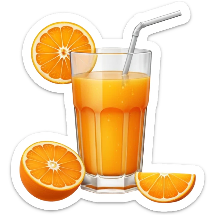 A glas of orange juice. Without a straw. With a slice of orange next to it on the bottom sticker