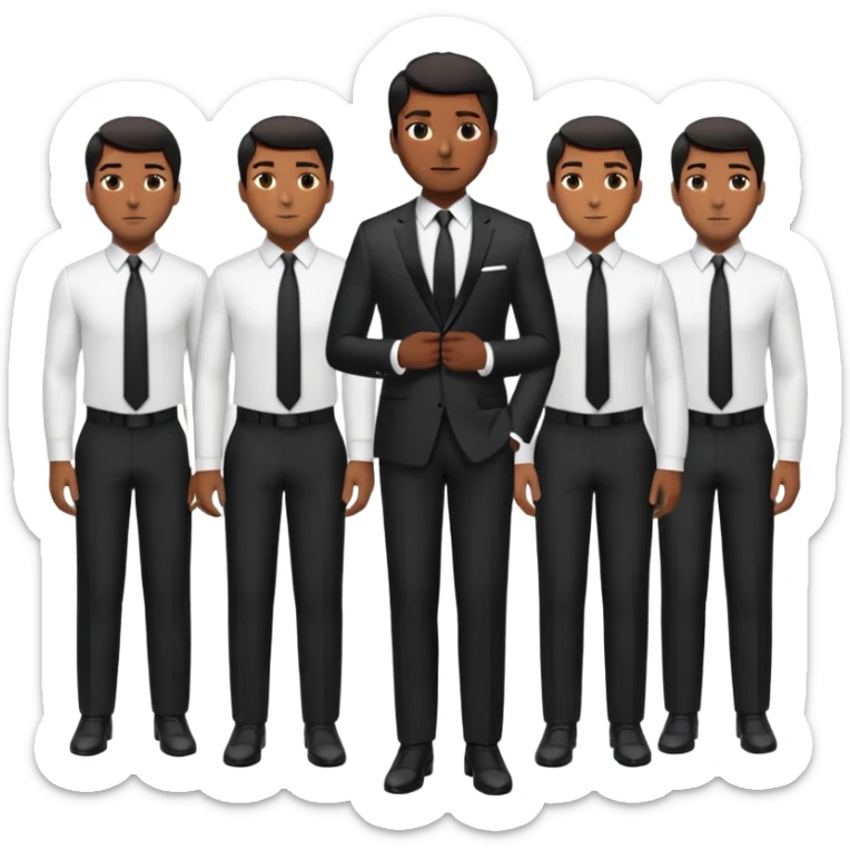 A full-body digital illustration of a Black man wearing a well-fitted dark suit, white dress shirt, and a black tie. He has short, neatly groomed hair and a confident yet approachable expression. Multiple versions of this man are standing side by side in a row, each in a different pose. sticker
