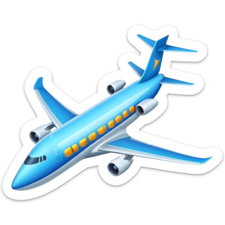 A wide-body aircraft with tall tail fins and glowing cabin windows cruising at high altitude.
 sticker