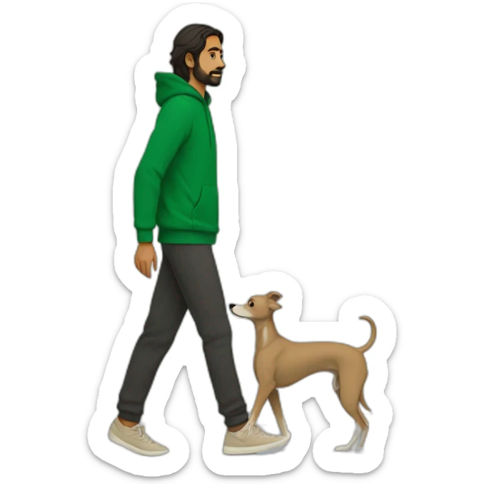 an indian man wearing a green sweatshirt, beige shoes, long hair, no beard, black shorts, walking, side profile, one hand raised slightly below waist level walking a beige whippet sticker