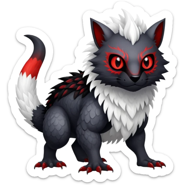 a white exotic edgy vernid-fionbr-Fakémon-creature, with black belly and red eyes, full body sticker
