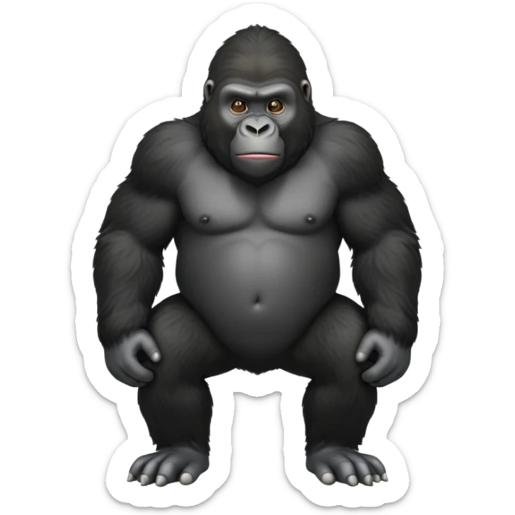 cinematic-friendly relaxed young gorilla-realistic-full-body-crouched on all fours on knuckles-emoji,-poised-with-confidence,-massive-arms-hanging-slightly-forward,-head-tilted-thoughtfully,-thick-black-fur, friendly ,-simplified-yet-realistic sticker