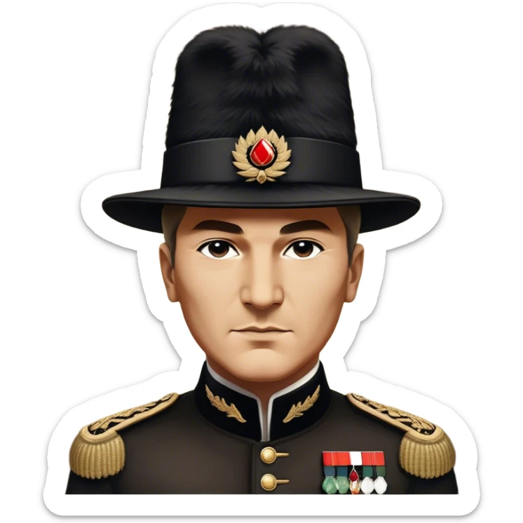 ​Cinematic Realistic Portrait of a Young Mustafa Kemal Atatürk, depicted wearing an iconic tall black fur hat along with traditional attire, his confident, visionary expression illuminated by warm, inspiring lighting, rendered with rich historical textures that capture his youthful dynamism and transformative leadership, sticker