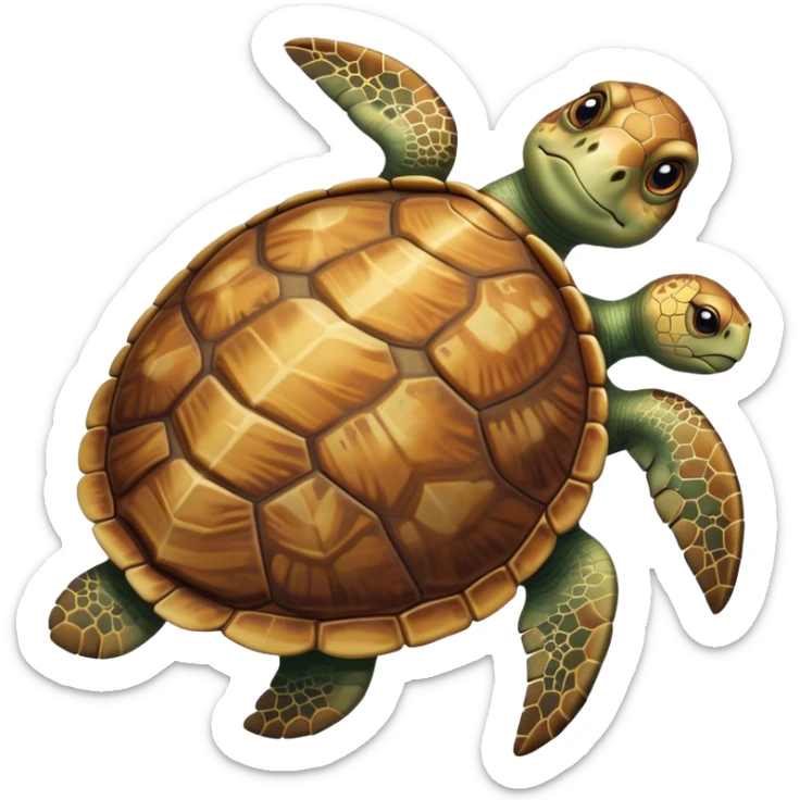 Cinematic Realistic Noble Sea Turtle Portrait Emoji, Poised and dignified, with a robust, time-worn shell intricately patterned in earthy tones and a weathered, wise face with deep, observant eyes, rendered with lifelike texture and natural, diffused light; high shine, intelligent and serene, styled with an air of oceanic majesty, focused and attentive, soft glowing outline, capturing the essence of a watchful and confident sea turtle that appears to glide out of the screen with timeless authority! sticker
