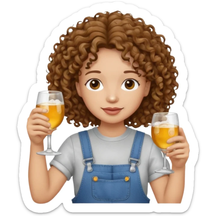 Curly haired curl with brown hair and light skin in overalls toasting with alcohol sticker