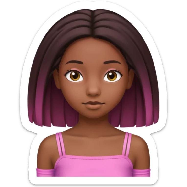 A black 12 yr old girl brushing her shoulder length hair, doe eyes, almond eyes pink tube top and black hair like the 3rd. The first one but hair straight and long and close to body sticker