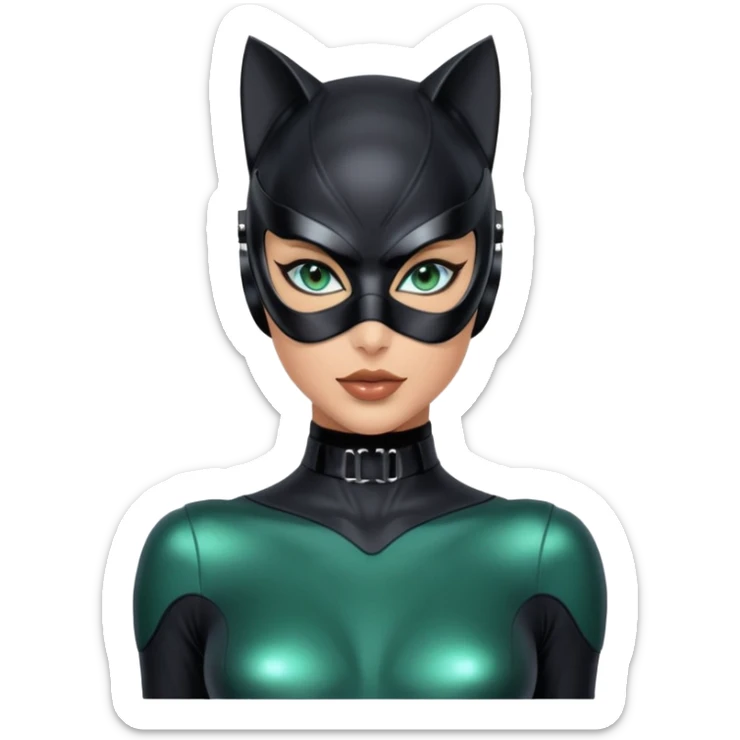 Full body Futuristic Catwoman blue green eyes with shiny patent leather mask, long false eyashes, most incredible highly detailed Futuristic seductive overall appearance  sticker