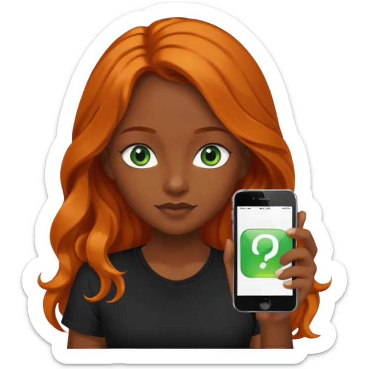 Girl with dark long orange wavy hair, green eyes, and black t-shirt and phone with app on hand sticker