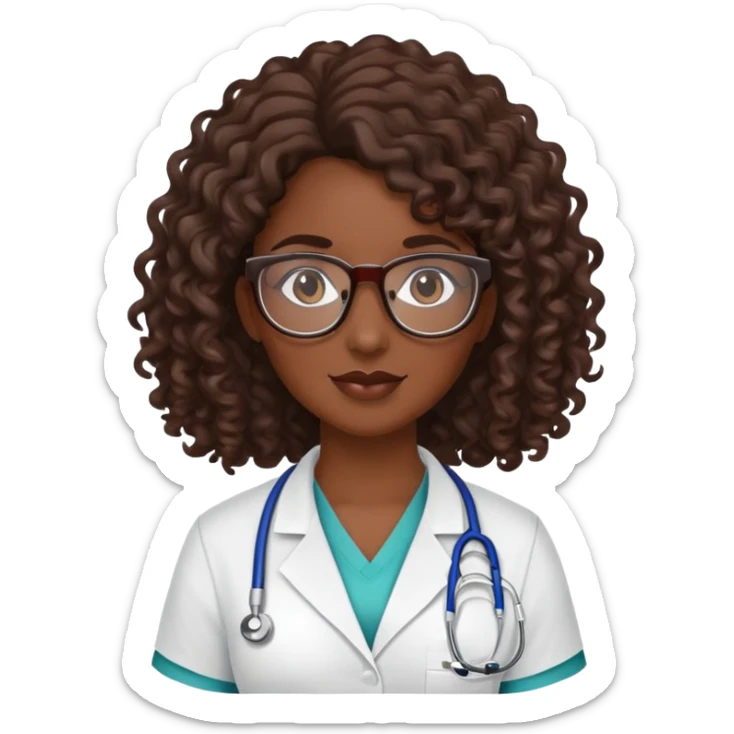 Medical assistant female dark skin long brown curly hair with glasses sticker