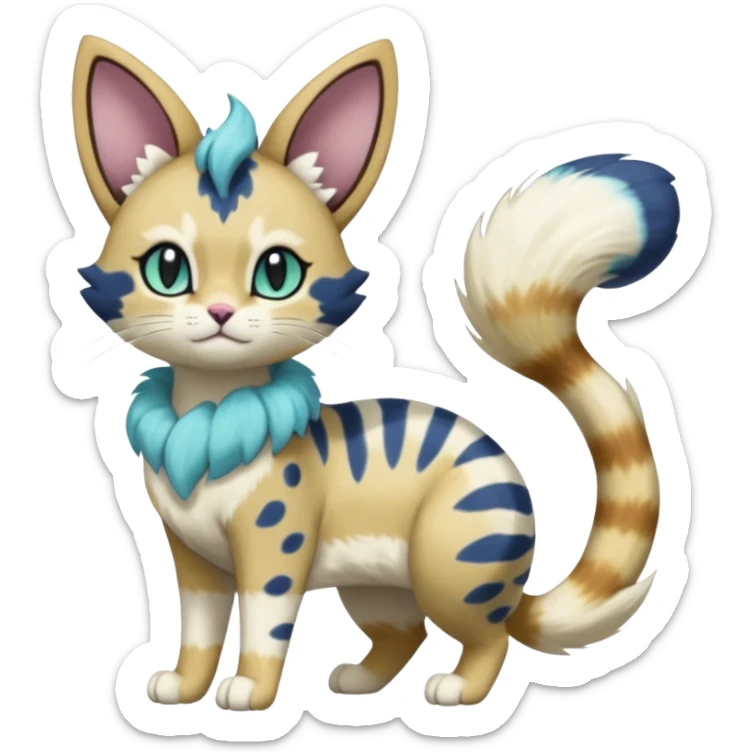 Cobalt-Blue green turquoise black white Purloin-Meowth-Meowstic-Minccino-Cinccino-serval-furret-Noibat-caracal-fusion-hybrid-creature (full body) sticker