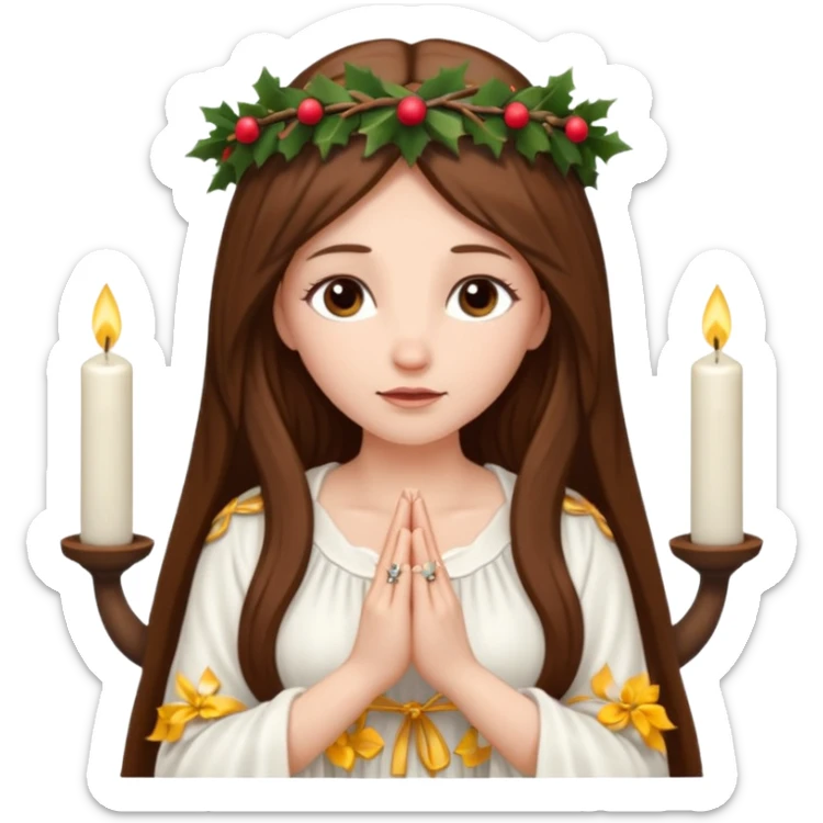 brown long haired white women with white gown and advent wreath with 5 candles on the head and praying hands  sticker