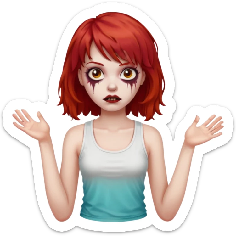 Uma menina de cabelo vermelho com franja, que seja uma zombie, e que esteja vestindo uma regata branca, cabelo médio e liso mais enrolado nas pontas  sticker