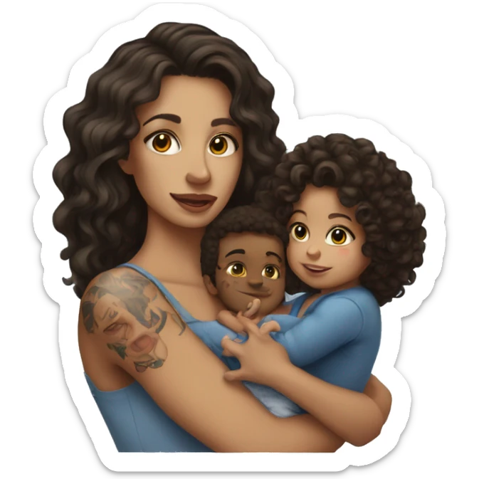 Brunette with tattoos on arm with long hair holding a baby boy with brunette curly hair  sticker