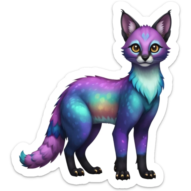 Colorful dark tropical iridescent nebulae exotic cute cool beautiful shiny beautiful fantasy-caracal-civet-genet-sergal-vernid-Gryphon-Cacomistle-Trico-oncilla-animal-Fakémon-hybrid-fursona (full body) sticker