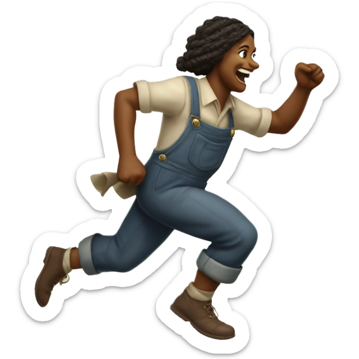 huckleberry Finn Pagan goddess sprinting, in overalls, with a large stride and arms outstretched sticker