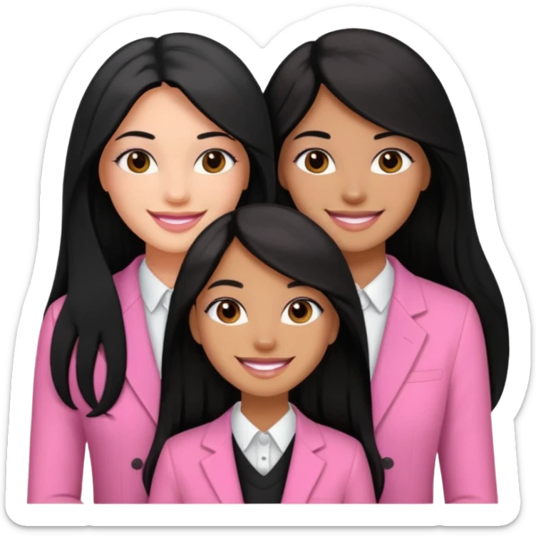 3 besties with professional glammed up looks wearing pink, medium skin tone smiling big with black long hair  sticker