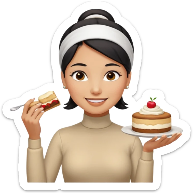  tan skin woman with long face, and short black hair slicked back ponytail with forehead showing, white headband, wearing white turtleneck shirt, eating tiramisu smiling with middle parted hair sticker