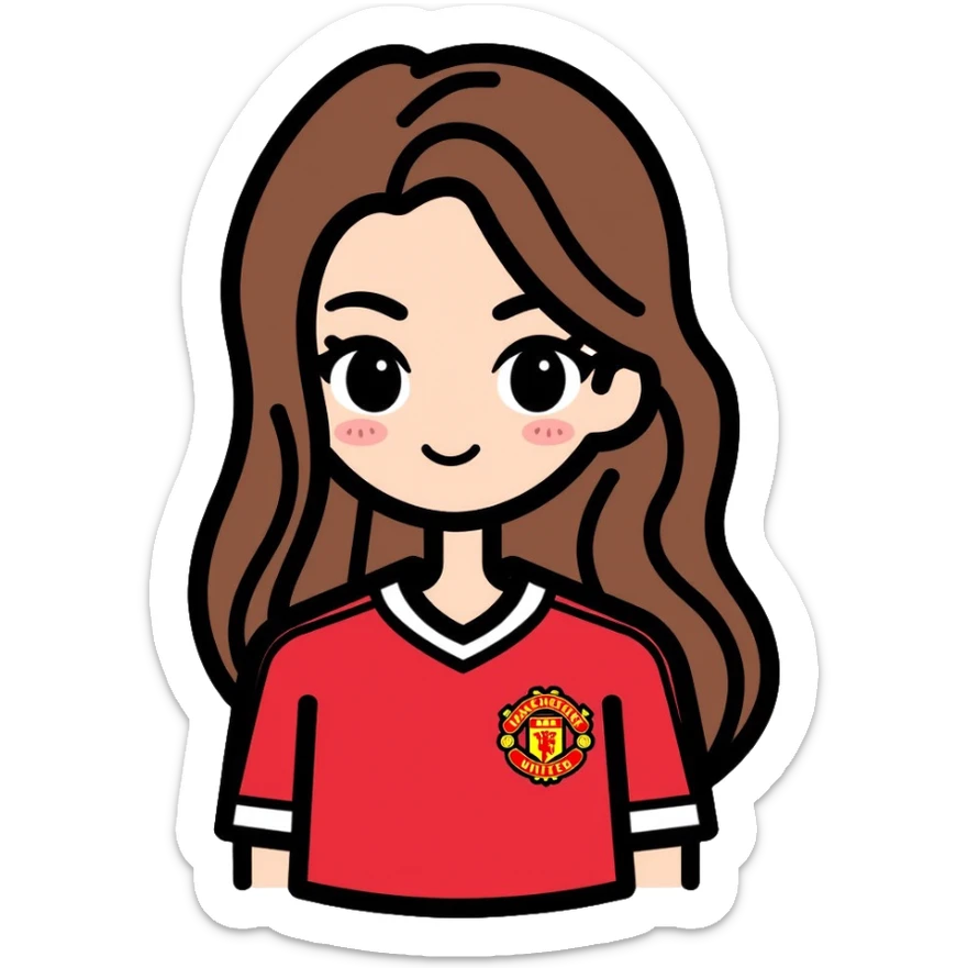 Cute girl with long straight brown hair, brown eyes with mascara, makeup, wearing a Manchester United red football kit sticker